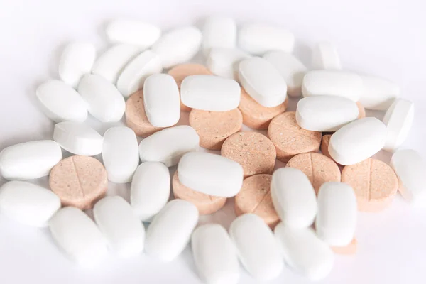 White Colored Pills White Background Oblong Pills Close Healthcare Medicine — Stock Photo, Image