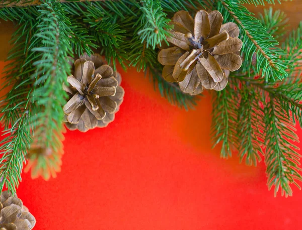 コーンとクリスマスの装飾 クリスマスの背景 赤いお祝いの背景に緑の松の枝 境界線とコピースペースと創造的な組成 ボケライトで新年の装飾 — ストック写真