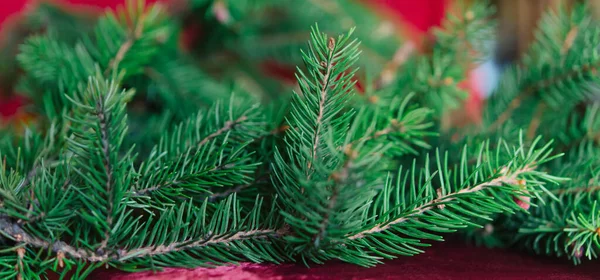 Tło Świąteczne Zielone Gałązki Sosny Szyszki Kulki Świąteczne Czerwonym Tle — Zdjęcie stockowe