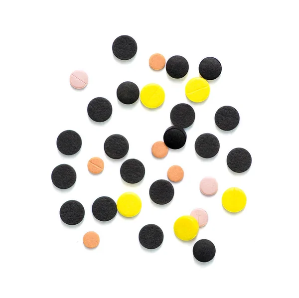 Comprimidos Pílulas Multicoloridas Fundo Branco Isolado Saúde Medicina — Fotografia de Stock