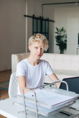 Genç kız dizüstü bilgisayarda çalışıyor. Ev ödevi. Uzak okul.