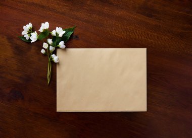 Güzel beyaz yasemin çiçekleri, kartpostal. Yukarıdan bak. Düğün, doğum günü, parti ya da diğer kutlamalar için yer kopyala.