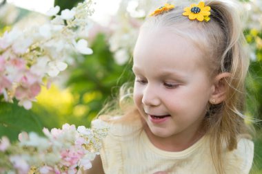 Tarlada çiçeklerin yanında komik at kuyruklu çok tatlı bir kız. Doğada gülümseyen çocuk. sarkık kulaklı çocuk