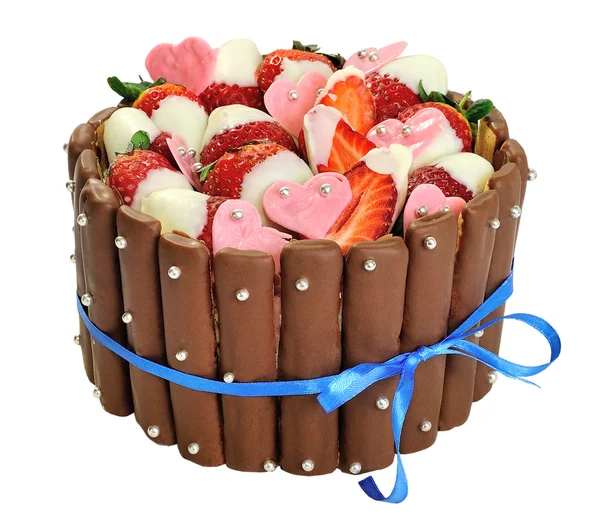 Chocolate cake with strawberry cake on a white background — Stock Photo, Image