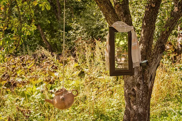 田舎の木の上の洗面台と鏡 — ストック写真