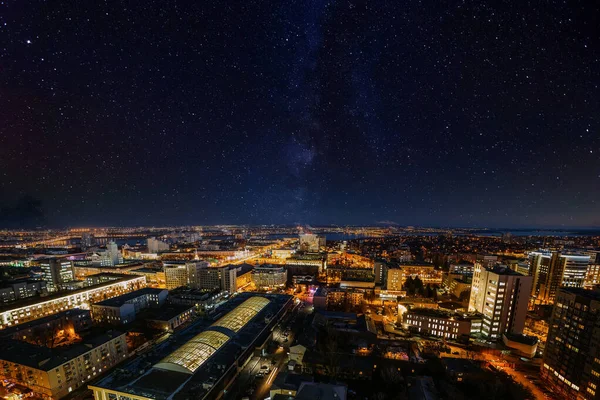 Skyline Voronezh Notte Con Cielo Stellato Lattea Vista Aerea — Foto Stock