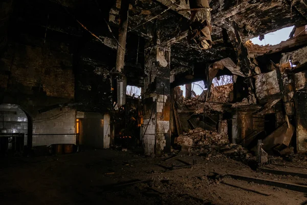 Verbranntes Innere Eines Industriegebäudes Oder Einer Lagerhalle Folgen Von Bränden — Stockfoto