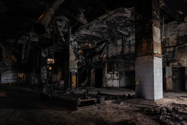 Burnt Interior Industrial Building Warehouse Consequences Fire — Stock Photo, Image