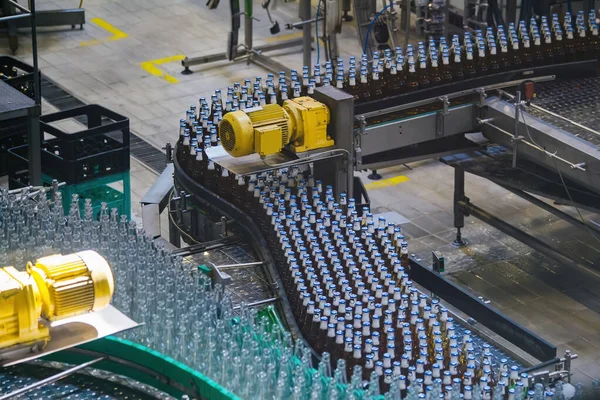 Modern automated beer bottling production line. Beer bottles moving on conveyor.