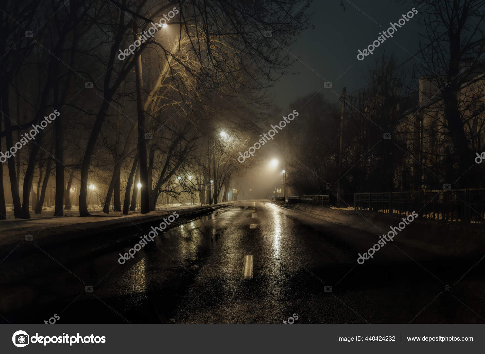 雾蒙蒙的夜路被街灯照亮 图库照片 C Mulderphoto