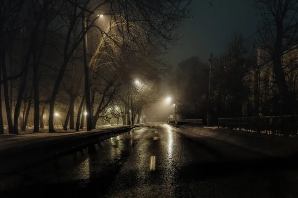 Niebla Brumoso Camino Nocturno Iluminado Por Luces Calle — Foto de Stock