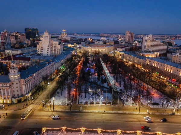 Noche Voronezh Distrito Central Vista Panorámica Aérea Del Centro Tomada —  Fotos de Stock