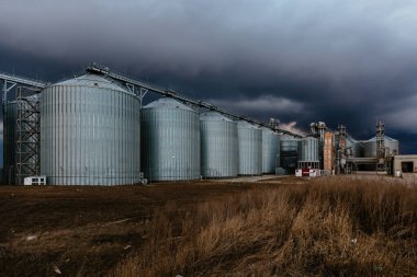 Bileşik gıda fabrikasının metal tahıl asansör siloları..