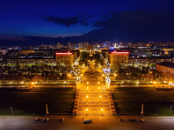 Volgograd Nábřeží Promenáda Parku Noci Letecký Pohled Dronu — Stock fotografie