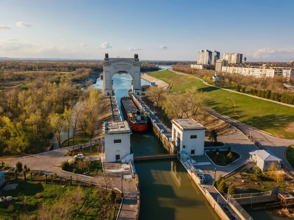 Volga Don Shipping Canal Volgograd Flygbild — Stockfoto