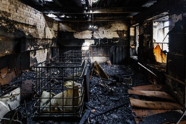 Burnt Out Shop Fire Charred Walls Remains Furniture — Stock Photo, Image