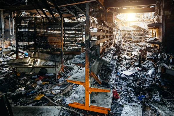 Burnt Out Shop Fire Charred Walls Remains Furniture — Stock Photo, Image
