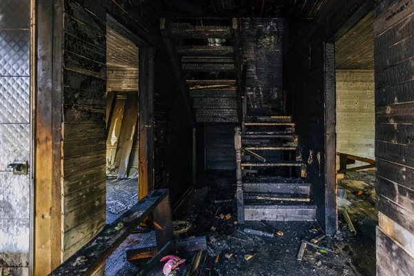 Burnt Wooden House Interior Charred Stairs Walls Consequences Fire — Stock Photo, Image