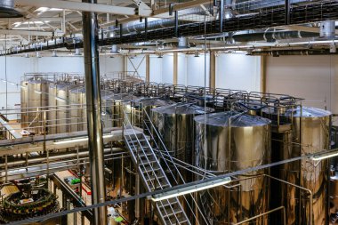 Modern şaraphane üretim hattı. Depolama fıçıları ve şişeleme ekipmanları.