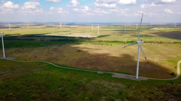 Turbinas eólicas no campo no dia de verão, vista aérea — Vídeo de Stock