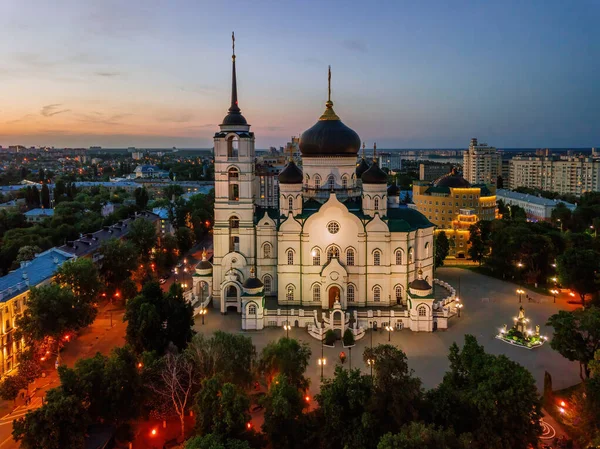 Noche Voronezh Catedral Anunciación Vista Aérea Desde Dron —  Fotos de Stock