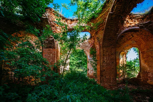Anciennes Ruines Briques Rouges Abandonnées Envahies Par Les Plantes — Photo