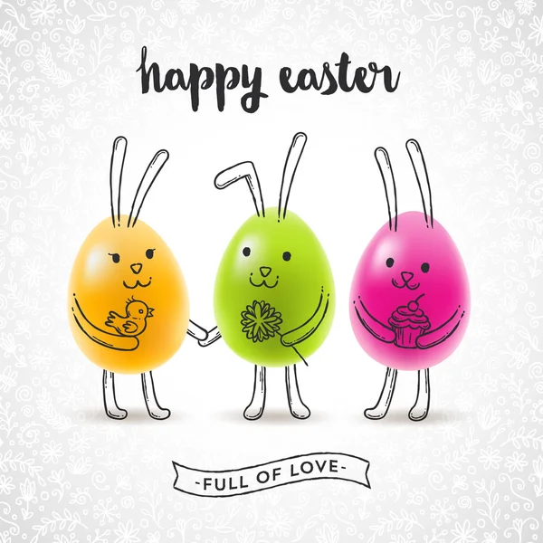 Vektorové ilustrace - velikonoční pozdrav card s vejci a ručně tažené králíků — Stockový vektor