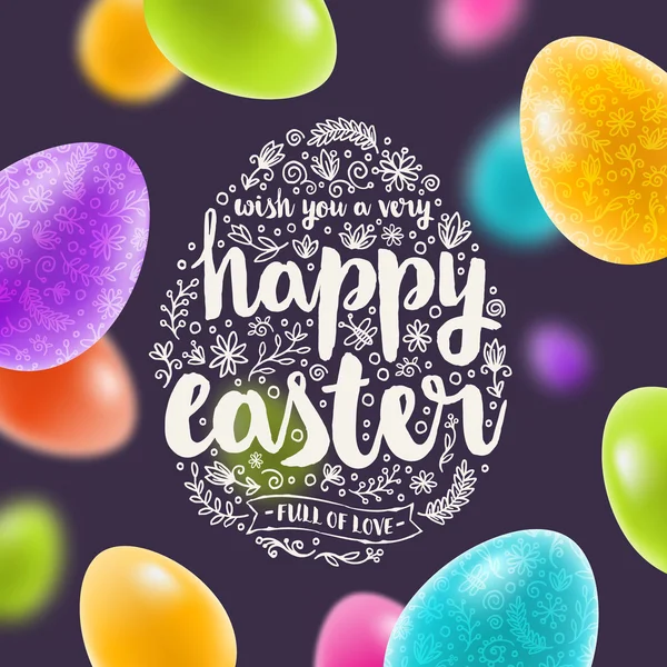 Ilustración vectorial - Tarjeta de felicitación multicolor de Pascua con elemento dibujado a mano y letras — Archivo Imágenes Vectoriales