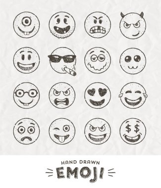 İfadeler el çizilmiş ayarlayın. Emoji vektör seti. Gülümseme simgeleri. Vektör çizimi.