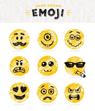 İfadeler el çizilmiş ayarlayın. Emoji vektör seti. Gülümseme simgeleri. Vektör çizimi.