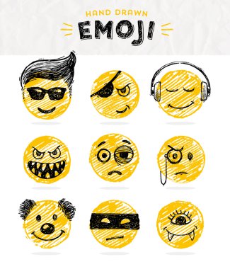 İfadeler el çizilmiş ayarlayın. Emoji vektör seti. Gülümseme simgeleri. Vektör çizimi.