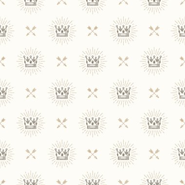 Vektör sorunsuz ve arka plan royal crown çapraz ok - desen duvar kağıdı, ambalaj kağıdı, kitap flyleaf, zarfı içinde vb için.