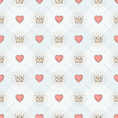 Kraliyet sunburst taç ve kalp ile Vektör dikişsiz arka plan - duvar kağıdı için desen, ambalaj kağıdı, kitap flyleaf, zarf içinde, vb.
