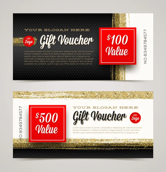 Modelo do voucher do presente com ouro do brilho, ilustração do vetor, projeto para o convite, certificado, cupom do presente, bilhete, voucher, diploma etc. . — Vetor de Stock