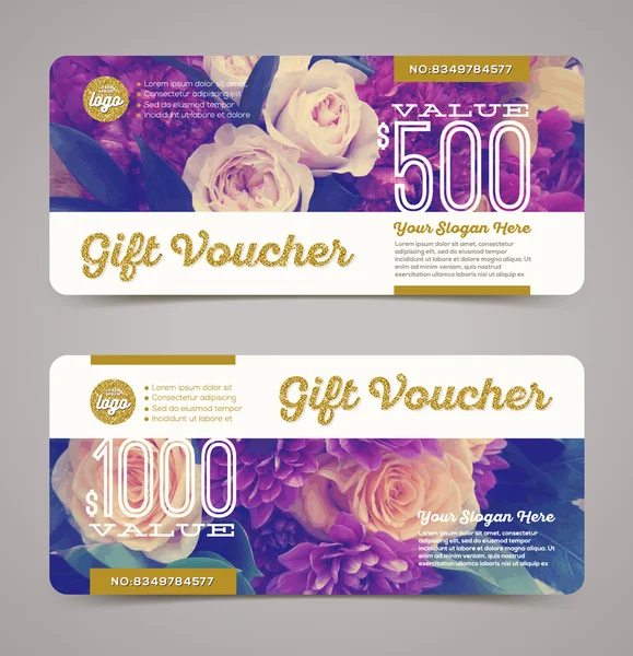 Gift voucher template with  floral background and glitter gold elements. Vector illustration, Design for  invitation, certificate, gift coupon, ticket, voucher, diploma etc. — Stock Vector