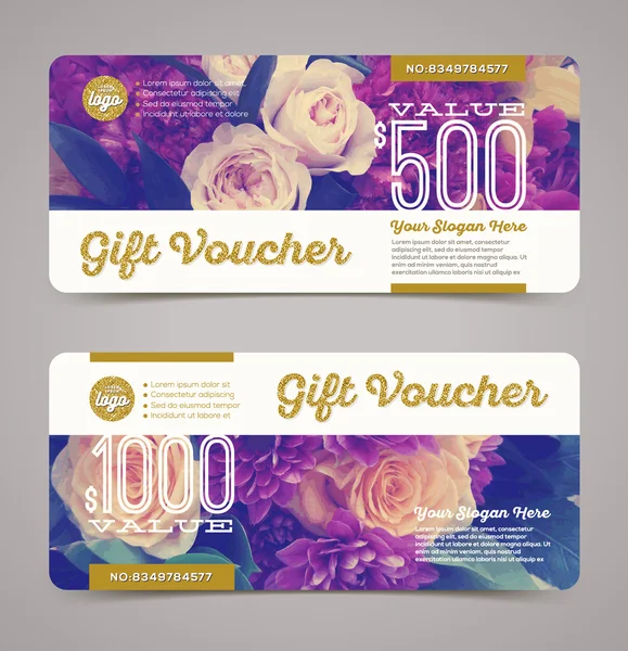 Cadeaubon sjabloon met florale achtergrond en glitter gouden elementen. Vector illustratie, ontwerp voor uitnodiging, certificaat, gift coupon, ticket, voucher, diploma enz. — Stockvector