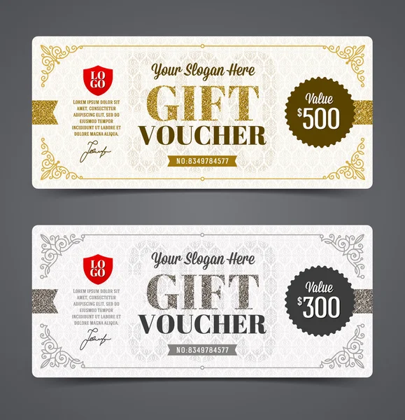 Modelo do voucher do presente com ouro do brilho e prata, ilustração do vetor, projeto para o convite, certificado, cupom do presente, bilhete, voucher, diploma etc. . — Vetor de Stock