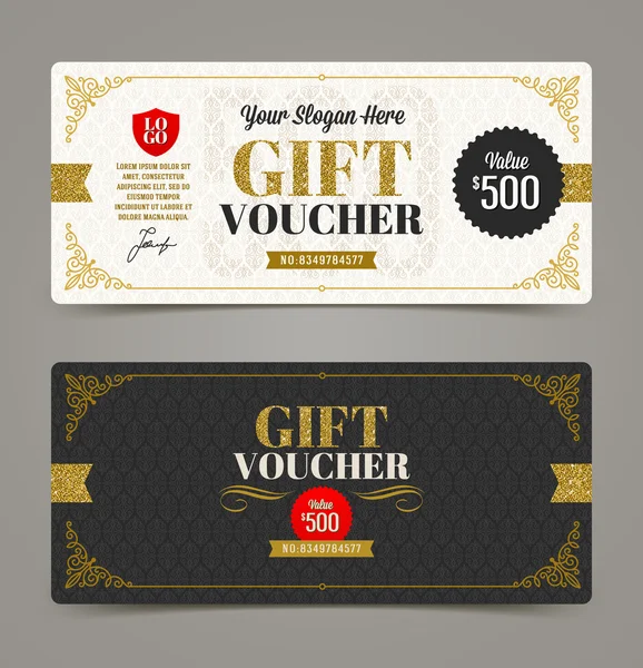 Gift voucher template with glitter gold, Vector illustration, Design for  invitation, certificate, gift coupon, ticket, voucher, diploma etc. — Stock Vector