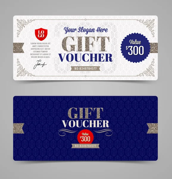 Gift Voucher sjabloon met glitter zilver, vector illustratie, ontwerp voor uitnodiging, certificaat, gift coupon, ticket, voucher, diploma enz. — Stockvector