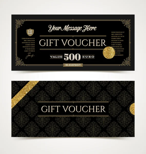 Gift Voucher sjabloon met glitter goud, vector illustratie, ontwerp voor uitnodiging, certificaat, gift coupon, ticket, voucher, diploma enz. — Stockvector