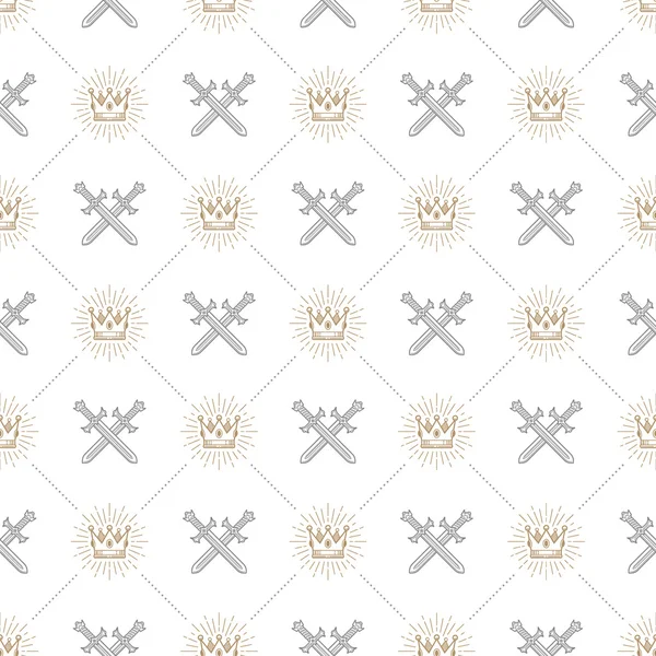 Vector seamless background with crossed swords and sunburst royal crown - pattern for wallpaper, wrapping paper, book flyleaf, envelope inside, etc. — Stock Vector