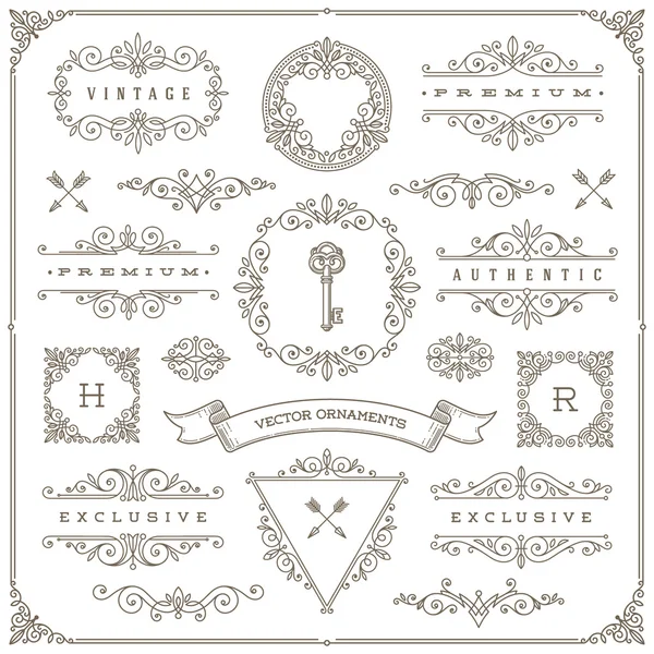 Uppsättning av Vintage designelement-blomstrar och prydnadsväxter ramar, gräns, avdelare, banderoller och andra heraldiska element för logotyp, emblem, heraldik, hälsning, inbjudan, Page design, identitet design, butik, butik, restaurang, butik, hotell och etc. — Stock vektor