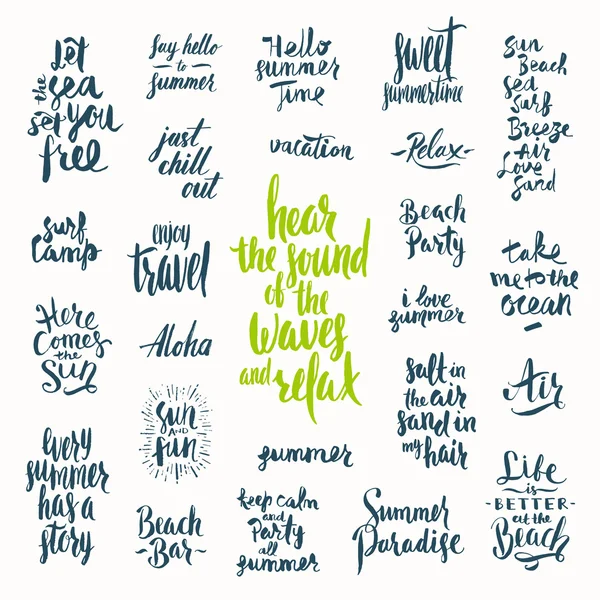 Ensemble vectoriel de calligraphie dessinée à la main. Vacances d'été et vacances citations, phrases et mots. — Image vectorielle