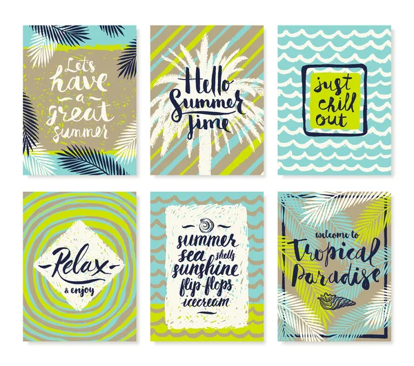 Set of summer holidays and tropical vacation hand drawn posters or greeting card with handwritten calligraphy quotes, phrase and words. Vector illustration. — Stockvector