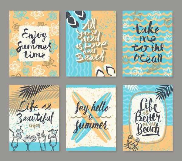 Vector set os summer holidays and tropical vacation hand drawn posters or greeting card with handwritten calligraphy quotes,  words and phrases. — Stock Vector