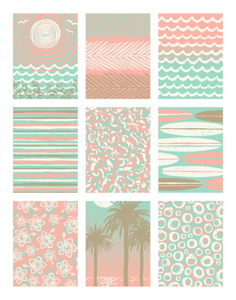 Conjunto vectorial de vacaciones de verano y carteles dibujados a mano de vacaciones tropicales o tarjeta de felicitación . — Archivo Imágenes Vectoriales