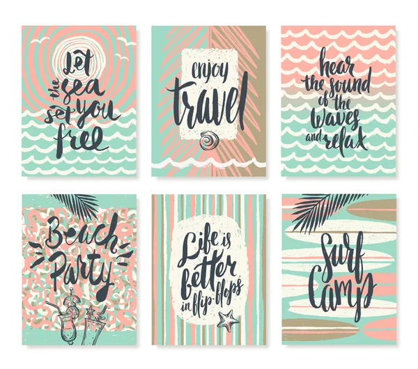 Vector set os summer holidays and tropical vacation hand drawn posters or greeting card with handwritten calligraphy quotes, words and phrases. — Stock Vector