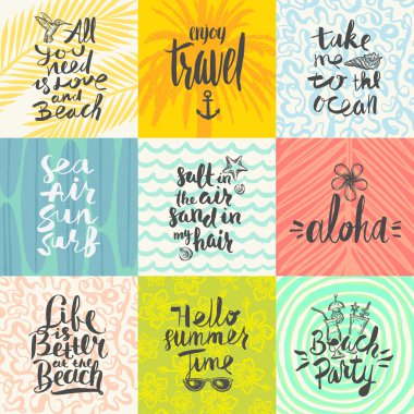 Set of summer holidays and tropical vacation hand drawn posters or greeting card with handwritten calligraphy quotes, phrase and words. Vector illustration