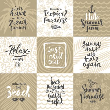 Set of summer holidays and tropical vacation hand drawn posters or greeting card with handwritten calligraphy quotes, phrase and words. Vector illustration