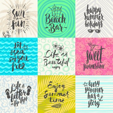 Set of summer holidays and tropical vacation hand drawn posters or greeting card with handwritten calligraphy quotes, phrase and words. Vector illustration